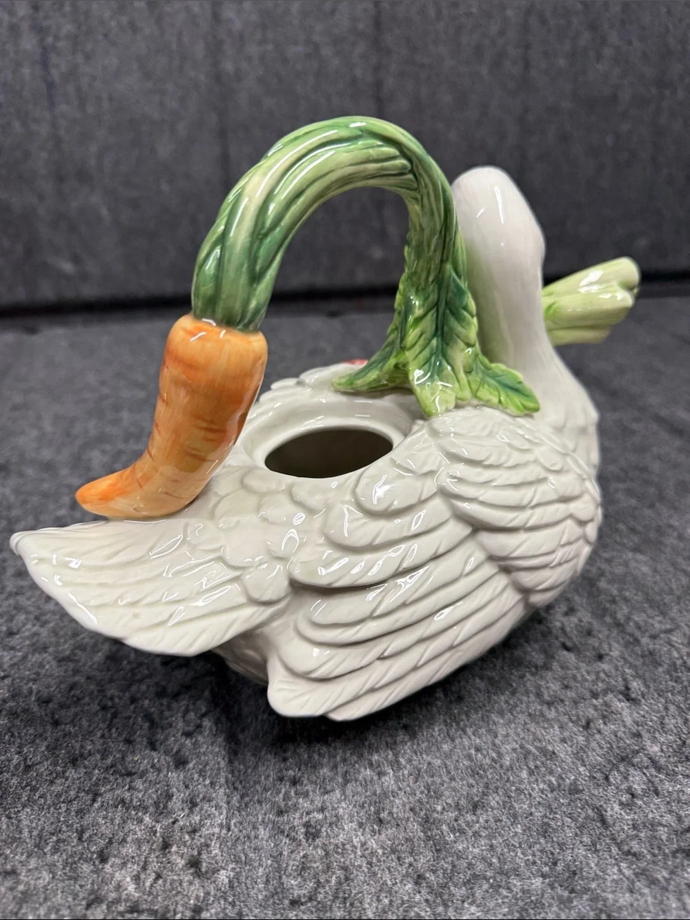 Fitz and Floyd White Duck tea pot with Green Handle and Orange Carrot Accent